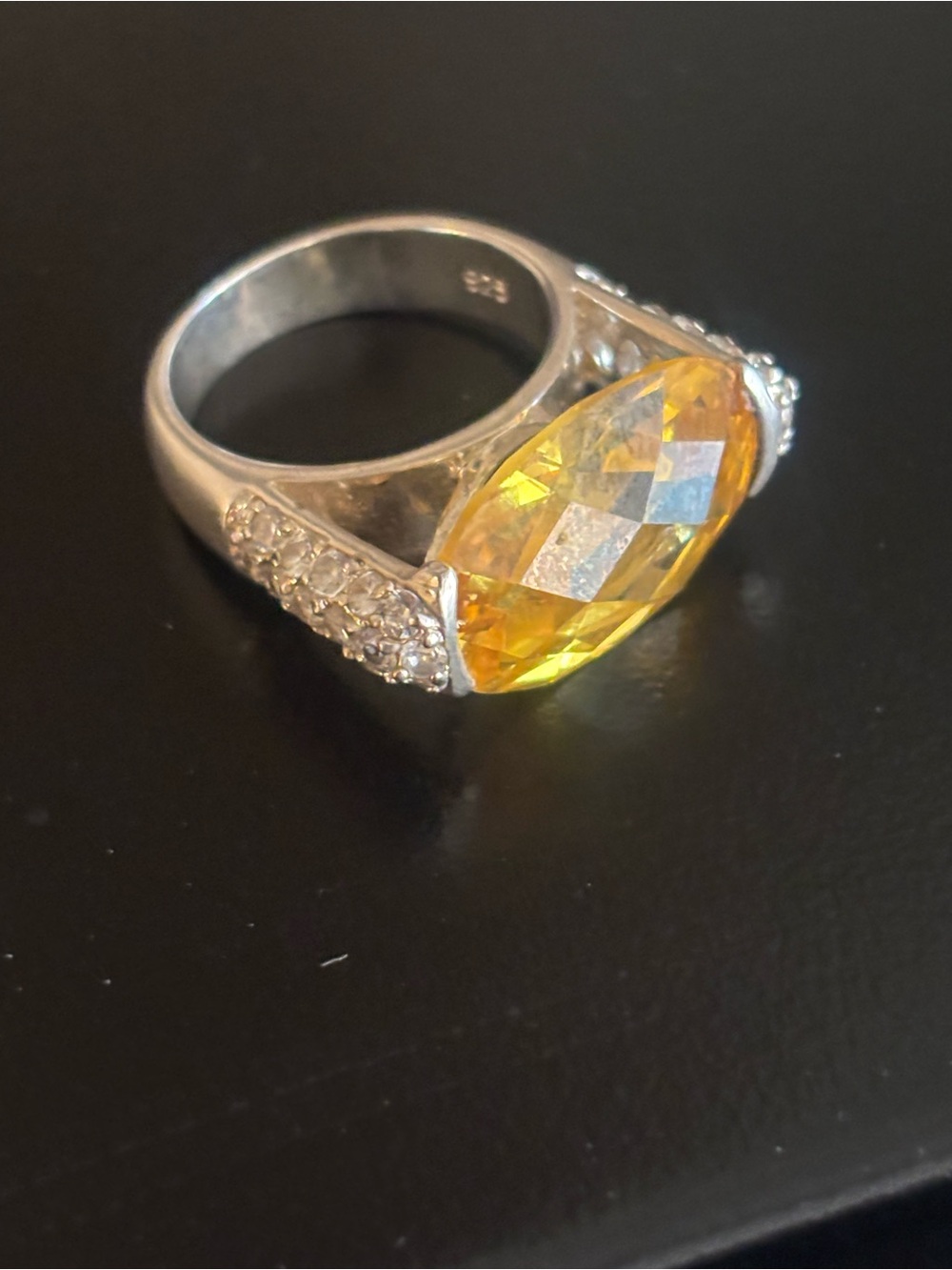Sterling silver Ring W/ Citrine colored Gemstone and Rhinestones down each side